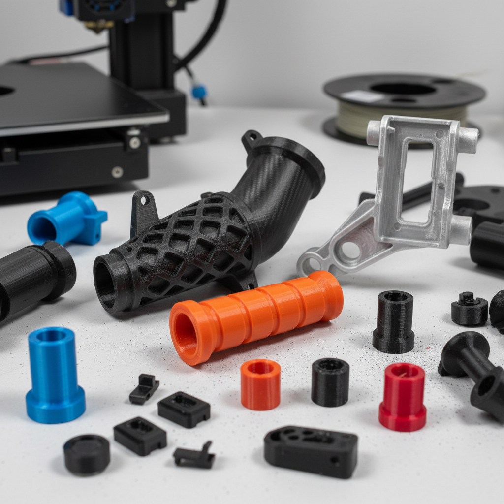 Verschiedene 3D-gedruckte Bauteile in unterschiedlichen Farben und Formen liegen auf einem Tisch vor einem 3D-Drucker.