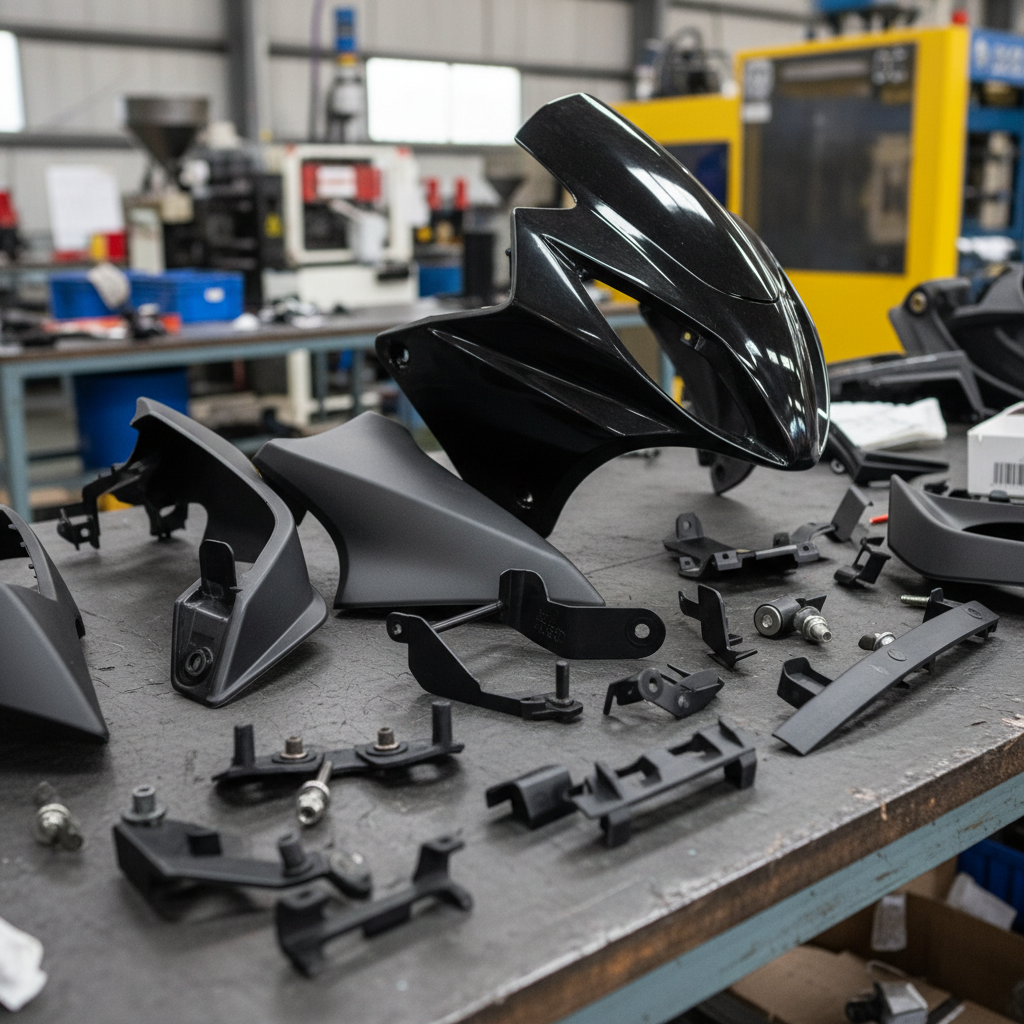 Verschiedene schwarze Kunststoffteile für Motorradverkleidungen liegen auf einer Werkbank in einer Produktionshalle.